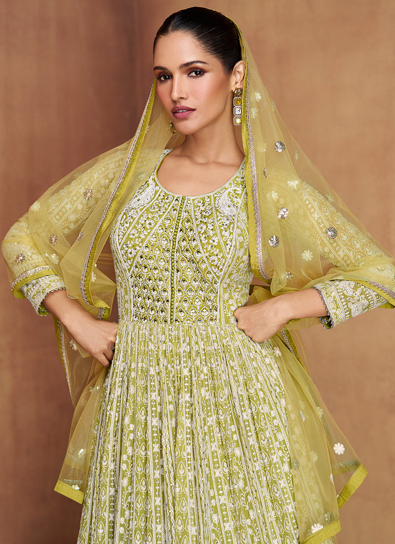 Buy Lime Green Lucknowi Embroidery Anarkali Gown In USA