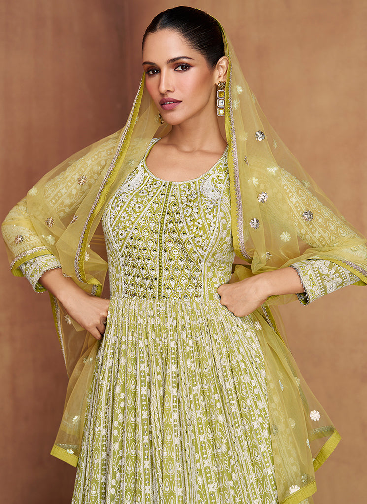 Buy Lime Green Lucknowi Embroidery Anarkali Gown In USA