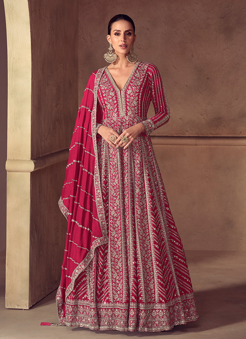 Magenta Reshamkari Embroidery Wedding Anarkali Gown