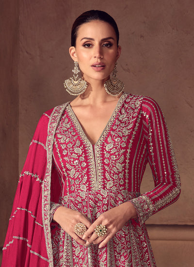 Magenta Reshamkari Embroidery Wedding Anarkali Gown