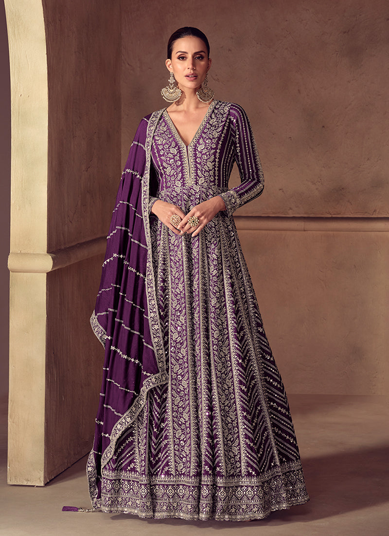 Purple Reshamkari Embroidery Wedding Anarkali Gown