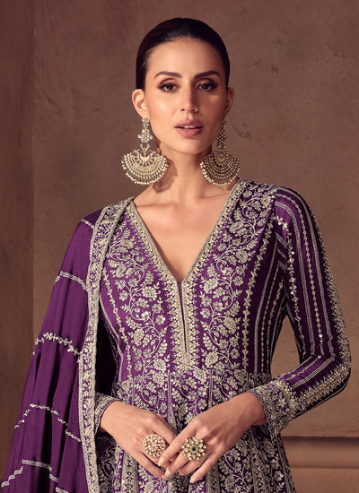 Purple Reshamkari Embroidery Wedding Anarkali Gown