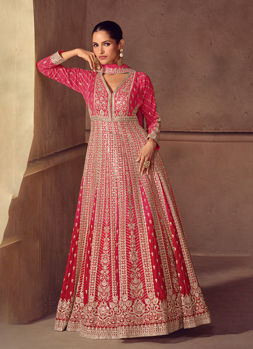 Red Ombre Embroidery Wedding Anarkali Gown