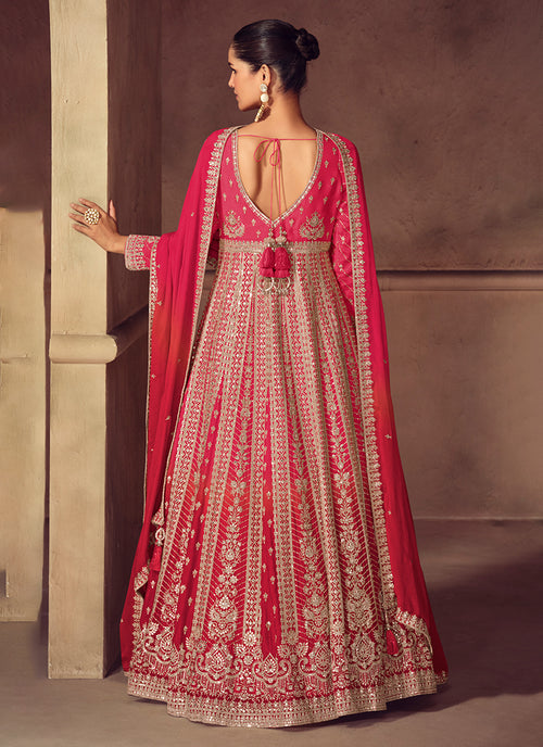 Red Ombre Embroidery Wedding Anarkali Gown