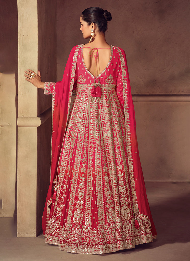 Red Ombre Embroidery Wedding Anarkali Gown