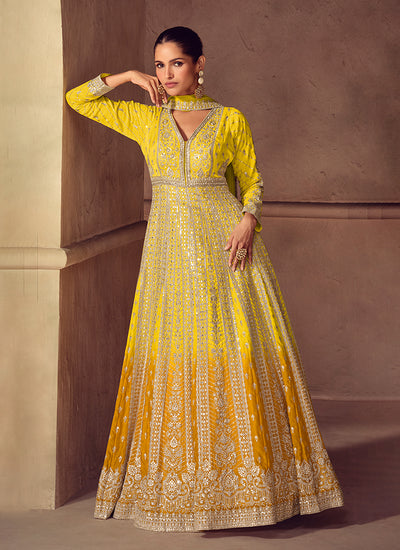 Yellow Ombre Embroidery Wedding Anarkali Gown