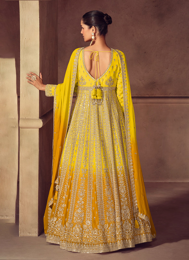 Yellow Ombre Embroidery Wedding Anarkali Gown