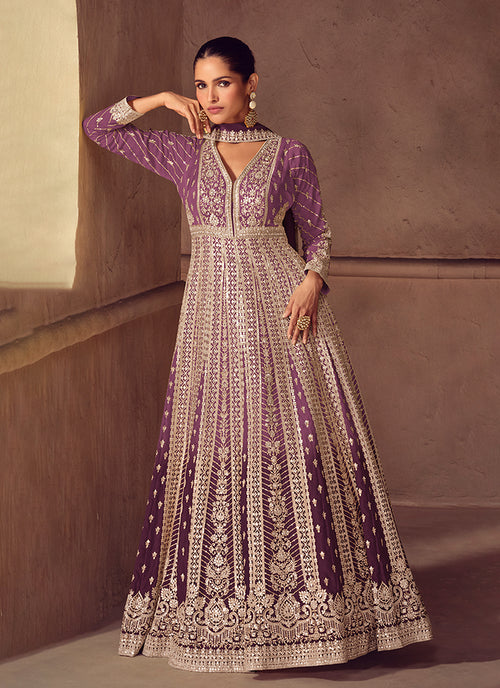 Purple Ombre Embroidery Wedding Anarkali Gown
