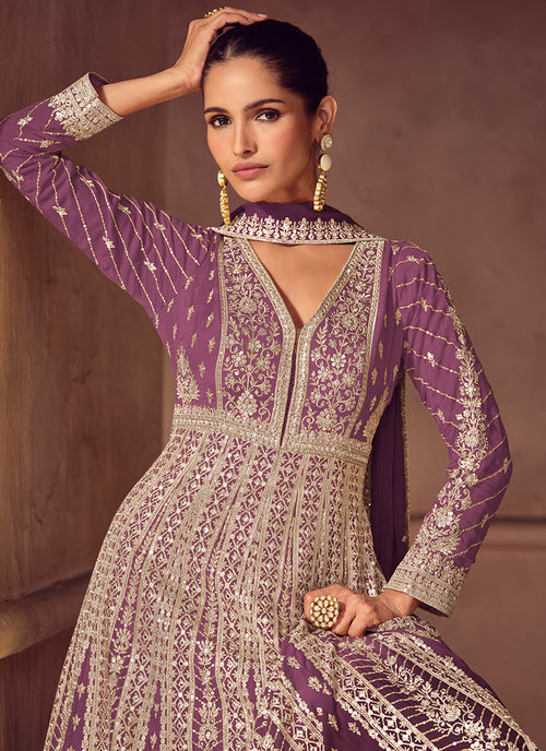 Purple Ombre Embroidery Wedding Anarkali Gown