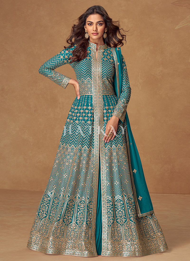 Turquoise Embroidered Slit-Style Anarkali Lehenga