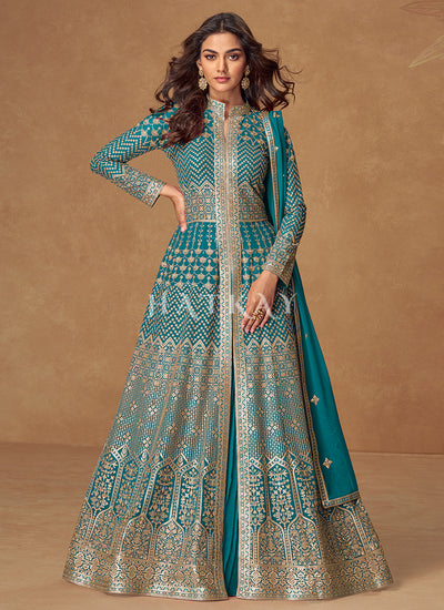 Turquoise Slit-Style Anarkali Lehenga