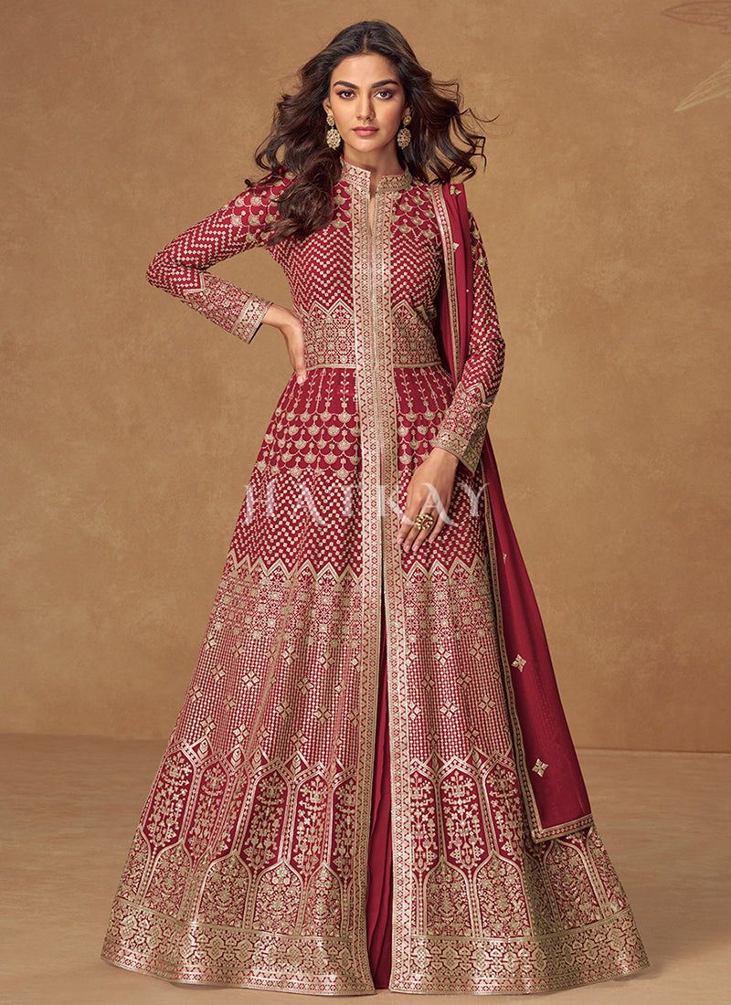 Maroon Embroidered Slit-Style Anarkali Lehenga