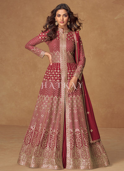 Maroon Slit-Style Anarkali Lehenga
