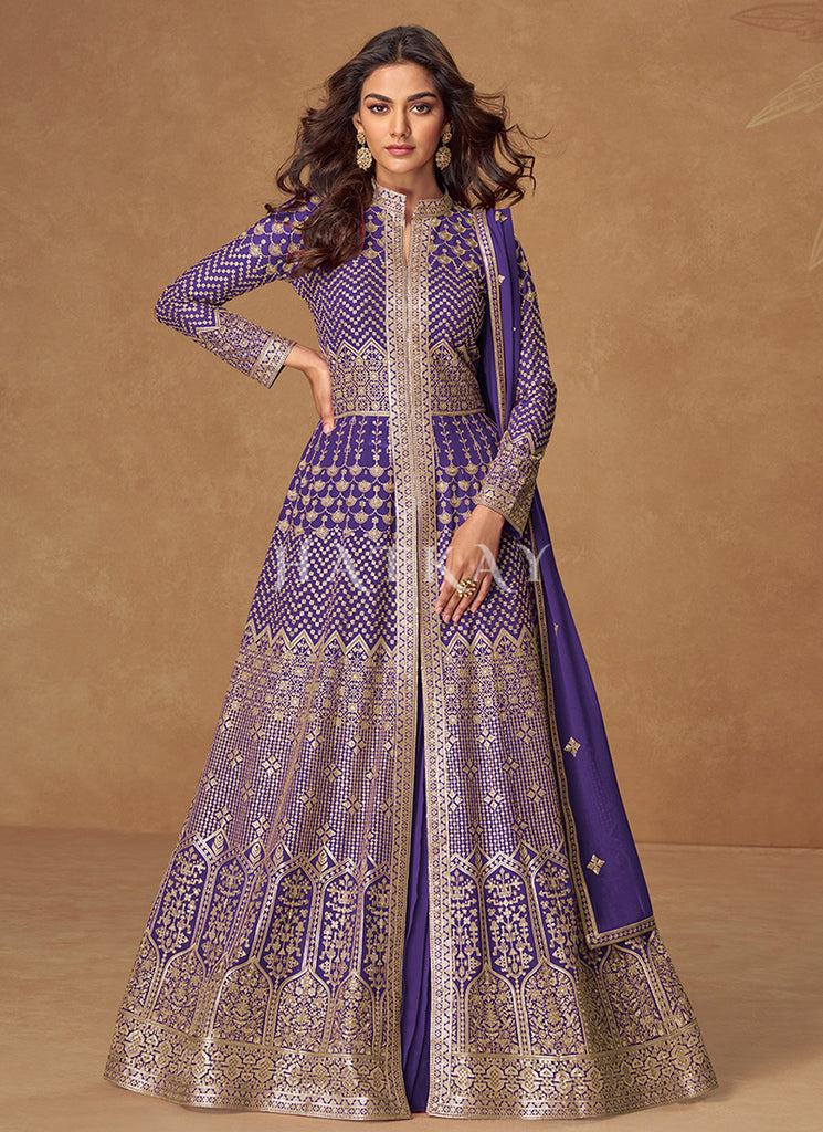 Buy Indian Dresses - Purple Embroidered Slit-Style Anarkali Lehenga Buy Indian Dresses - Purple Embroidered Slit-Style Anarkali Lehenga