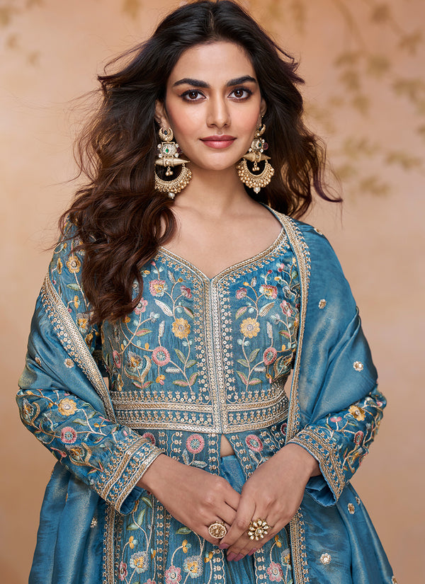 Firozi Blue Floral Embroidered Slit Style Anarkali Lehenga