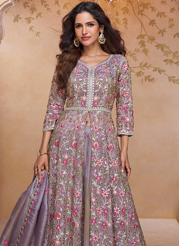 Mauve Purple Floral Embroidered Slit Style Anarkali Lehenga
