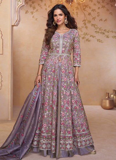 Mauve Purple Floral Slit Style Anarkali Lehenga