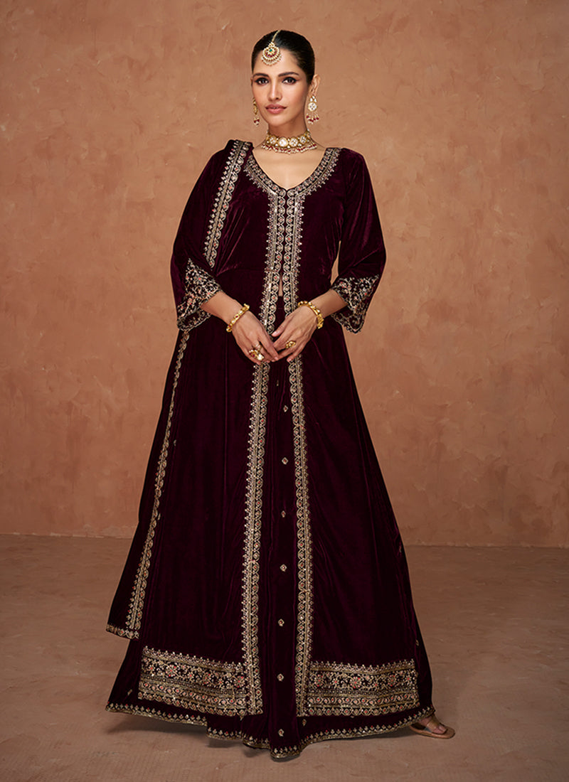 Maroon Slit Style Velvet Anarkali Lehenga