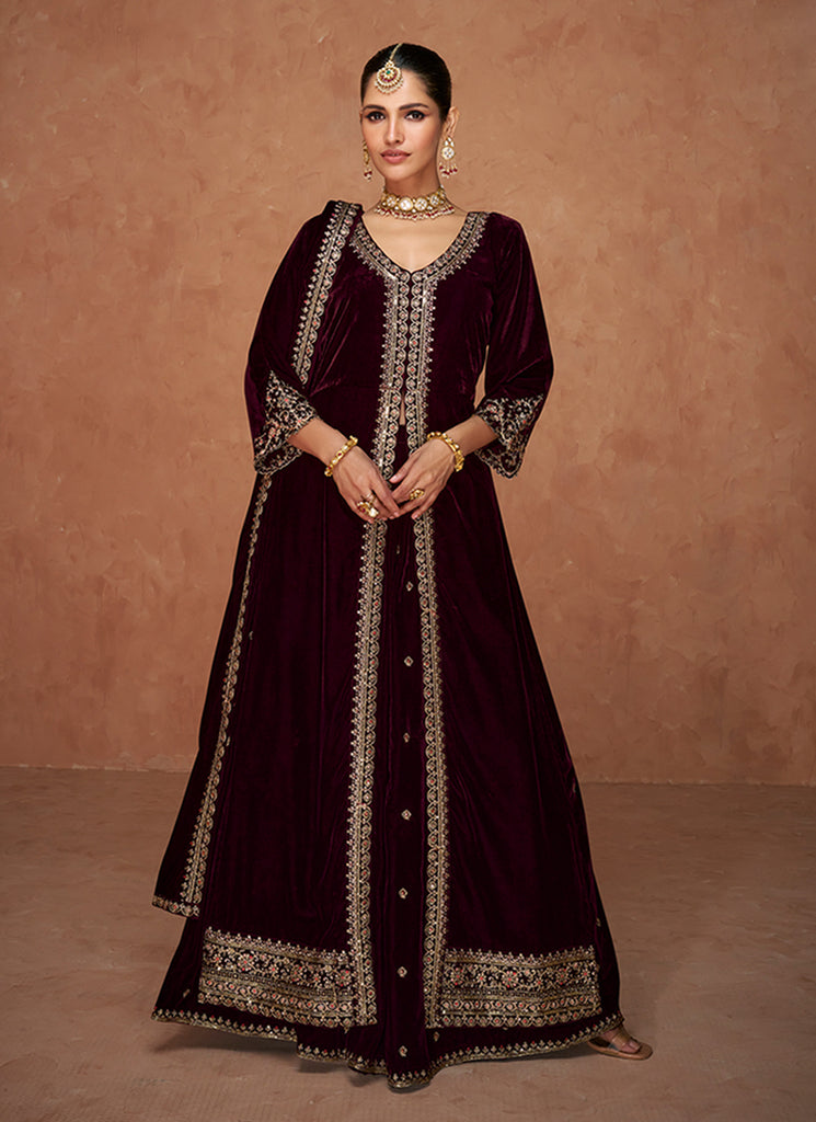 Maroon Slit Style Velvet Anarkali Lehenga