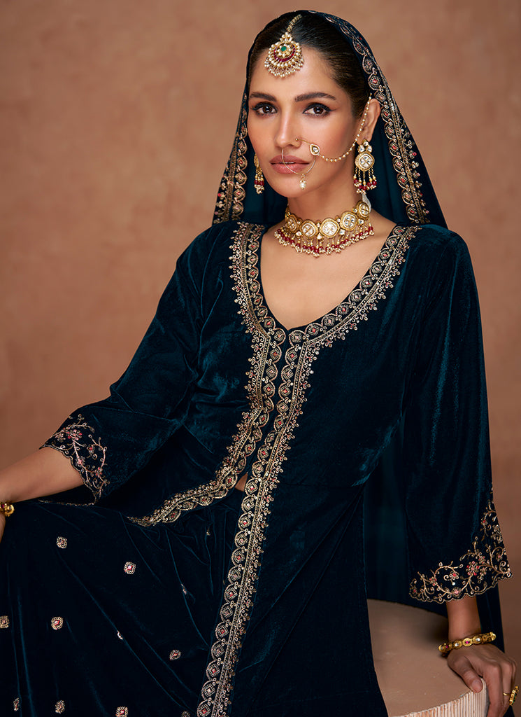 Shop Turquoise Anarkali Lehenga In Canada