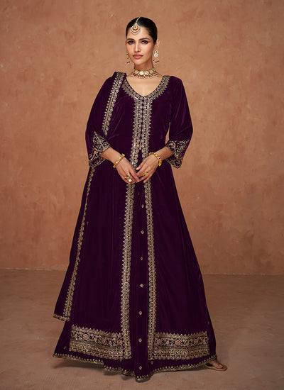 Wine Slit Style Velvet Anarkali Lehenga