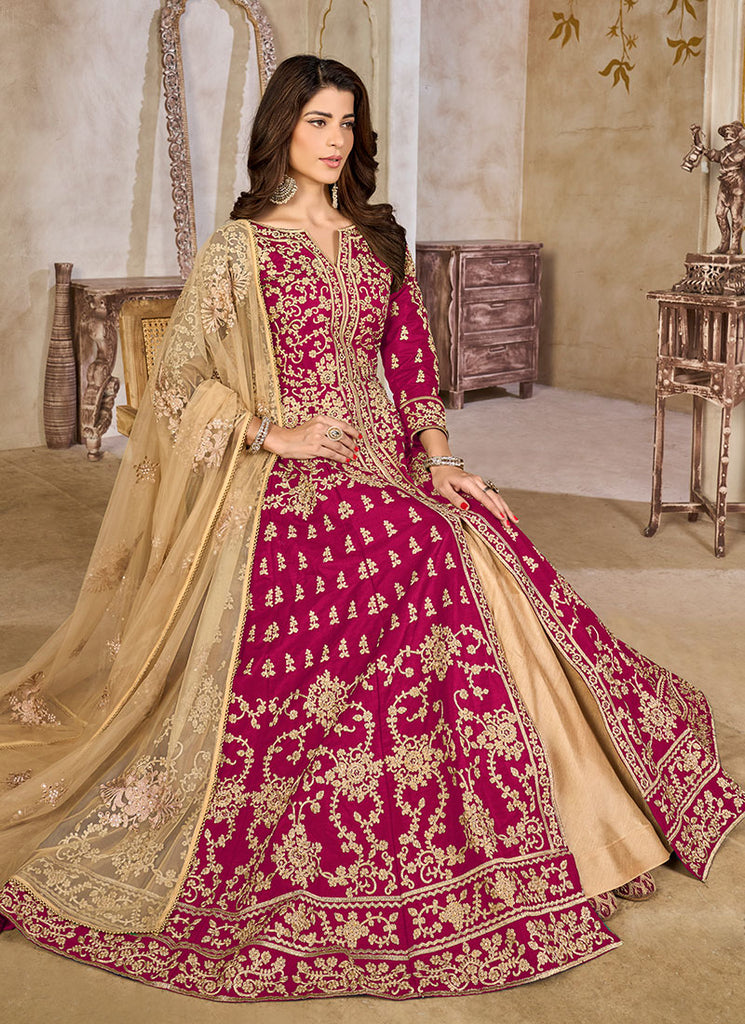 Buy Mageta Beige Slit-Style Anarkali Lehenga In USA