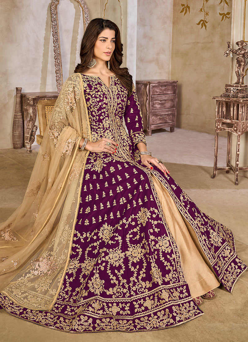 Shop Purple Slit-Style Anarkali Lehenga In UK