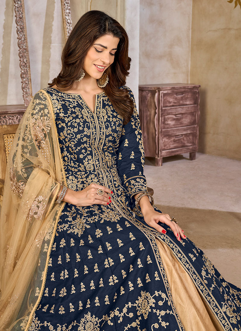 Shop Blue Slit-Style Anarkali Lehenga In Canada