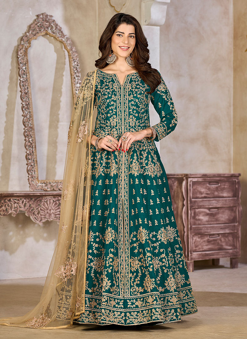 Turquoise Cording Embroidery Slit-Style Anarkali Lehenga
