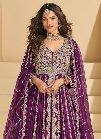 Plum Purple Embroidery Slit Style Anarkali Lehenga