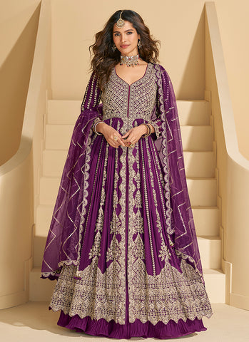 Plum Purple Embroidery Slit Style Anarkali Lehenga