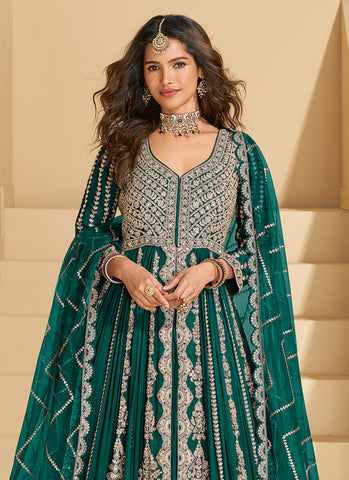 Dark Green Embroidery Slit Style Anarkali Lehenga