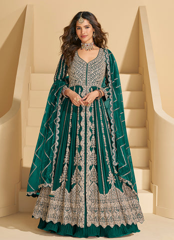 Dark Green Embroidery Slit Style Anarkali Lehenga