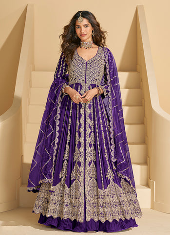 Violet Embroidery Slit Style Anarkali Lehenga