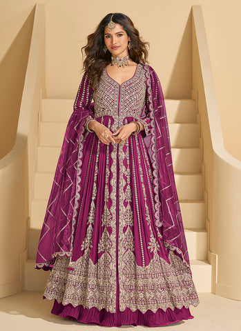 Magenta Pink Embroidery Slit Style Anarkali Lehenga