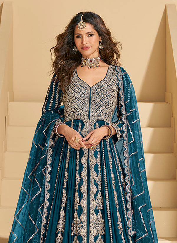 Royal Blue Embroidery Slit Style Anarkali Lehenga