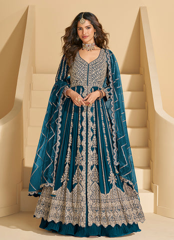 Royal Blue Embroidery Slit Style Anarkali Lehenga