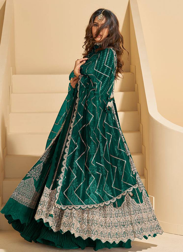 Buy Dark Green Embroidery Slit Style Anarkali Lehenga 1 Online | Hatkay Buy Dark Green Embroidery Slit Style Anarkali Lehenga 1 Online | Hatkay