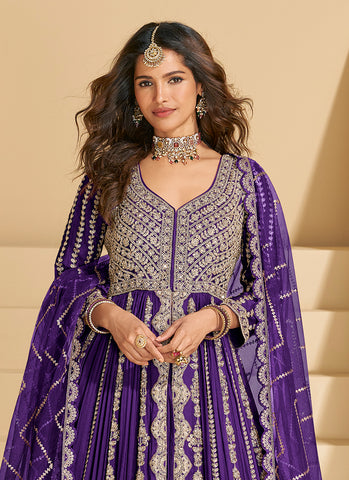 Violet Embroidery Slit Style Anarkali Lehenga