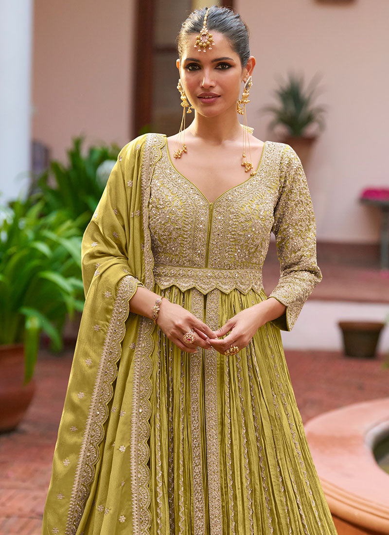 Buy Lime Green Slit Style Anarkali Lehenga In USA