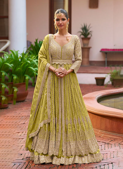 Lime Green Handwork Embroidery Slit Style Anarkali Lehenga