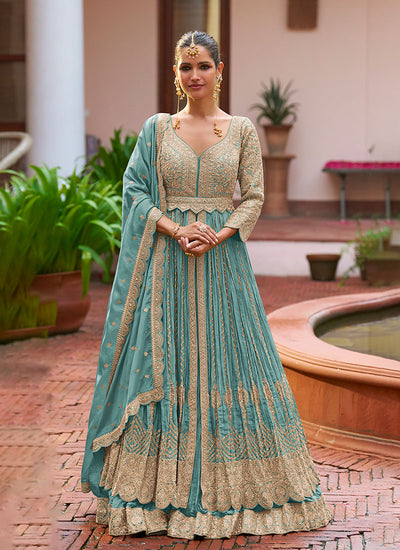 Firozi Blue Handwork Embroidery Slit Style Anarkali Lehenga