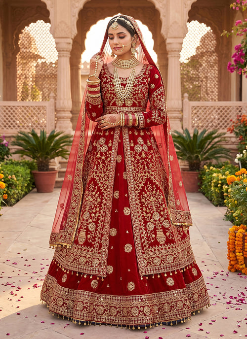 Maroon Velvet Slit Style Anarkali Lehenga Choli