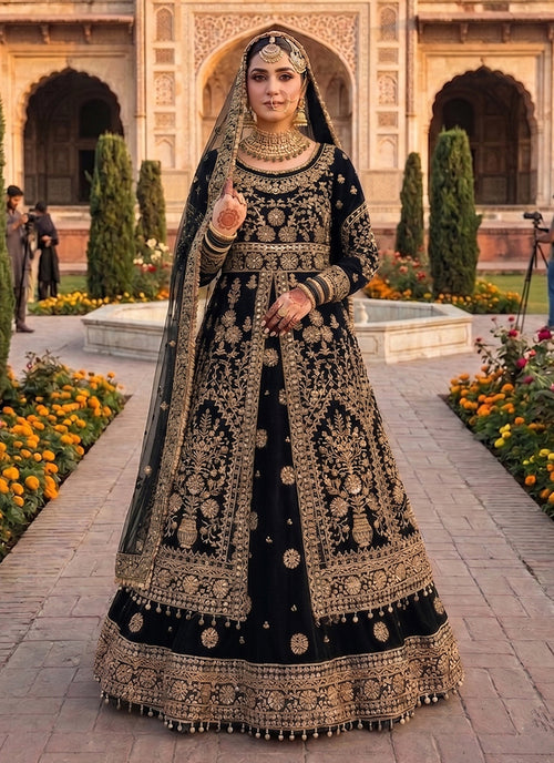 Black Velvet Slit Style Anarkali Lehenga Choli