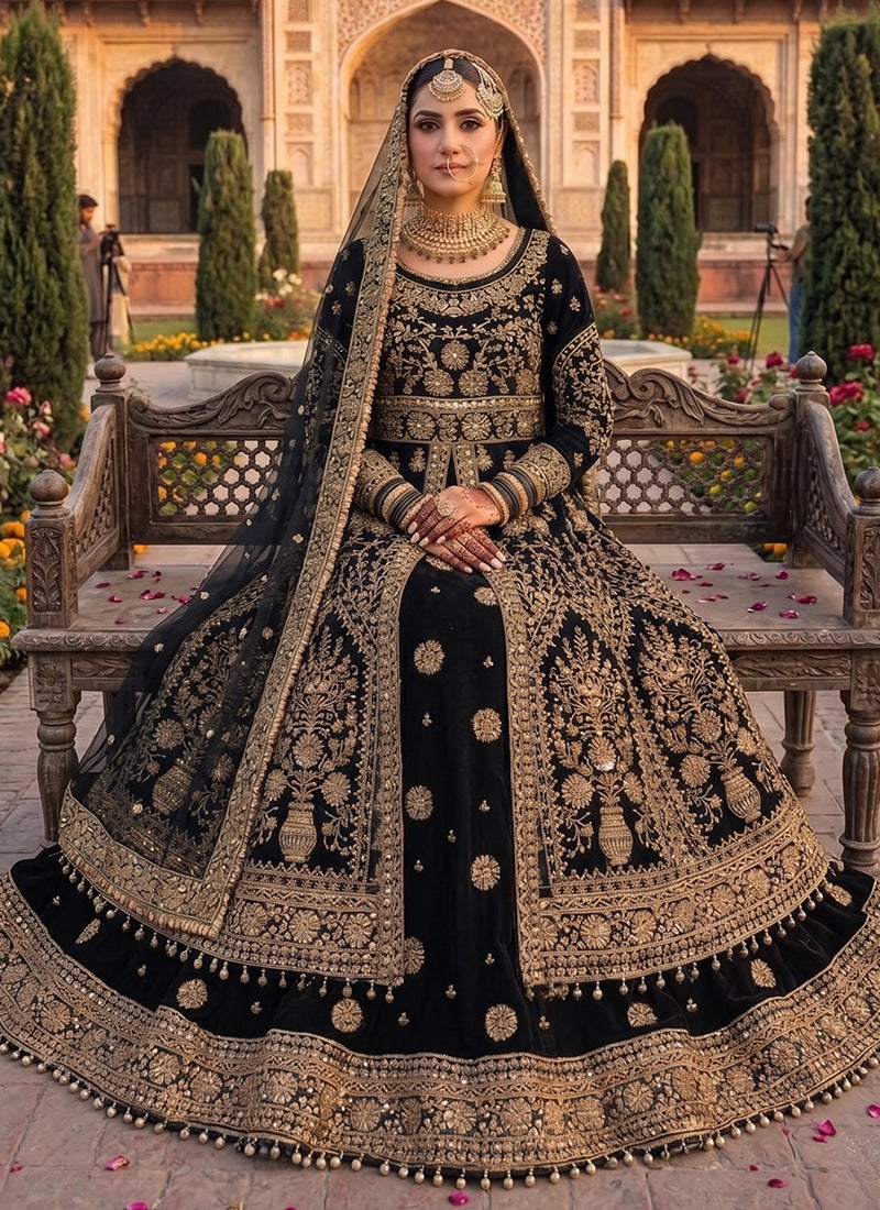Buy Black Slit Style Anarkali Lehenga In Canada