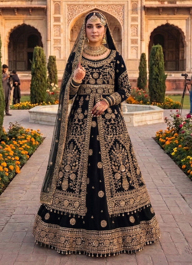 Black Velvet Slit Style Anarkali Lehenga Choli