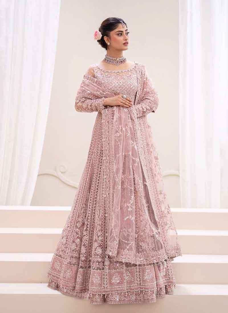 Blush Pink  Embroidery Net Anarkali Lehenga