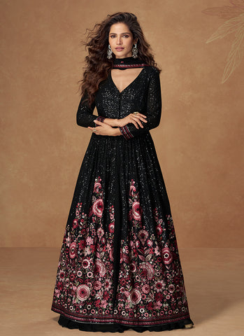 Black Multi Embroidery Slit Style Designer Anarkali Lehenga Suit