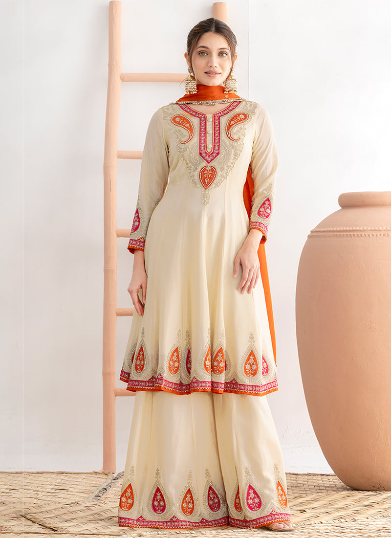 Cream White Multi Embroidery Anarkali Palazzo Suit