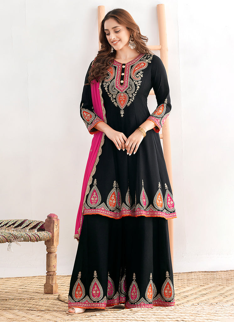 Black Multi Embroidery Anarkali Palazzo Suit